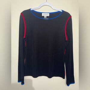 Casual Corner Black Long-Sleeve Top with Red & Blue Trim